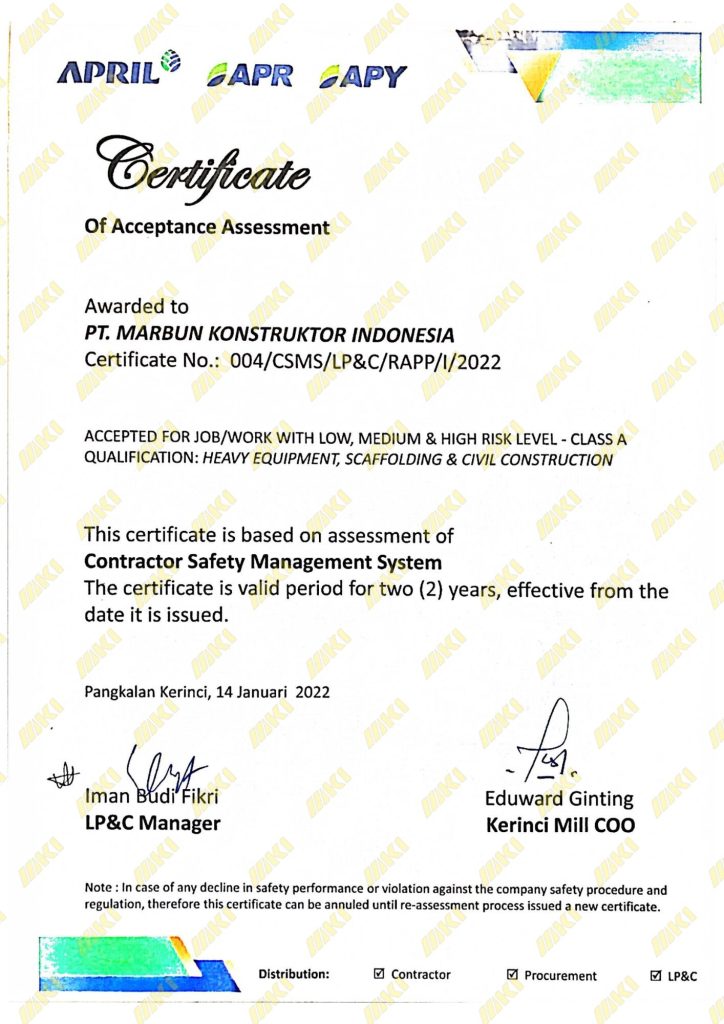 CERTIFICATE OF ACCEPTANCE ASSESSMENT-RAPP2